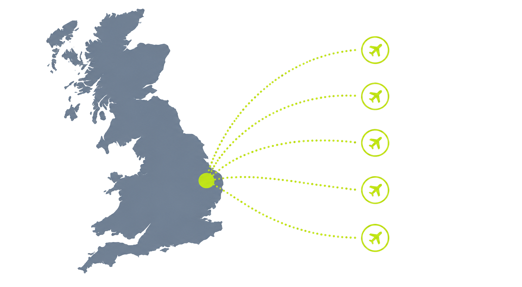 UK map showing SteeveCars airport coverage — Stansted, Luton, Heathrow, Gatwick and London City